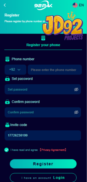 92Pak Register Page