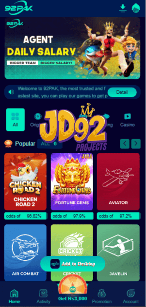 92pak game APK home screen of real money earning game platform
