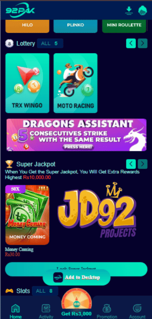 92pak game mobile app dashboard of a popular online earning game