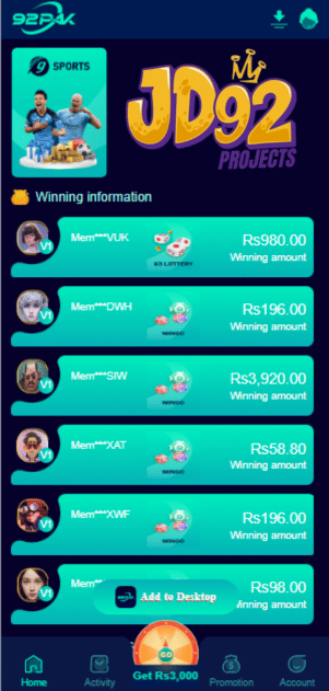 92pak game user dashboard inside online earning game application