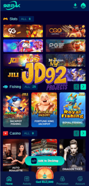 92pak game interface screenshot showing online earning game dashboard