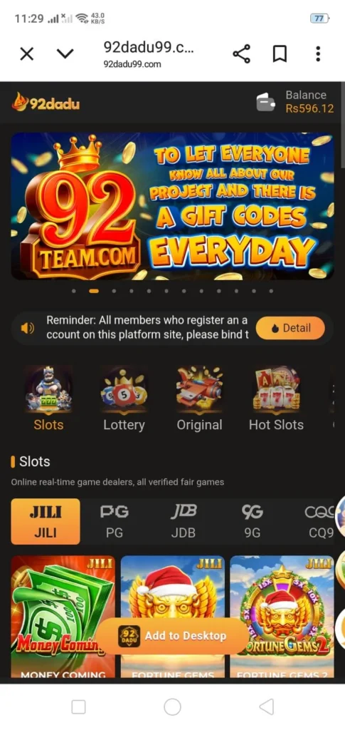 92 dadu official app interface