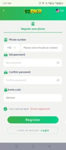 92 PKR Game register account process with mobile verification