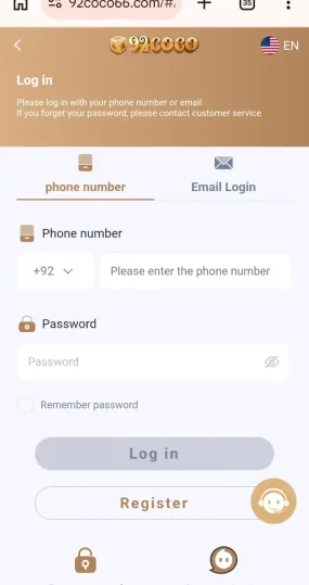 92 Coco Game login page with mobile number access